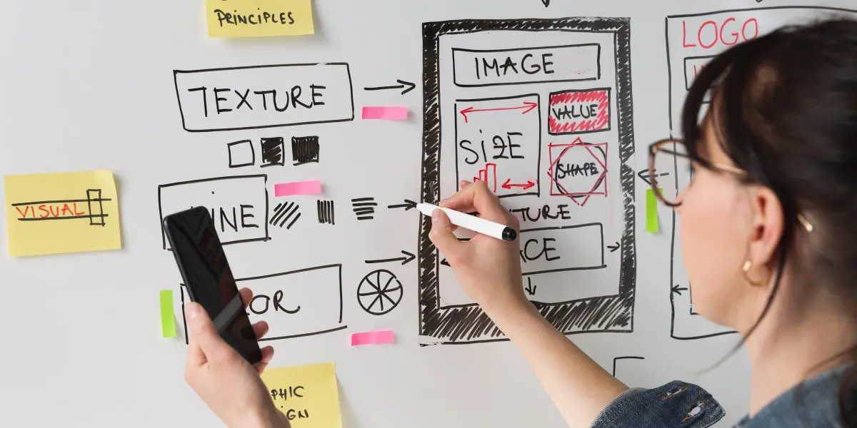 A UX designer taking a content design course writes on a whiteboard with a marker.