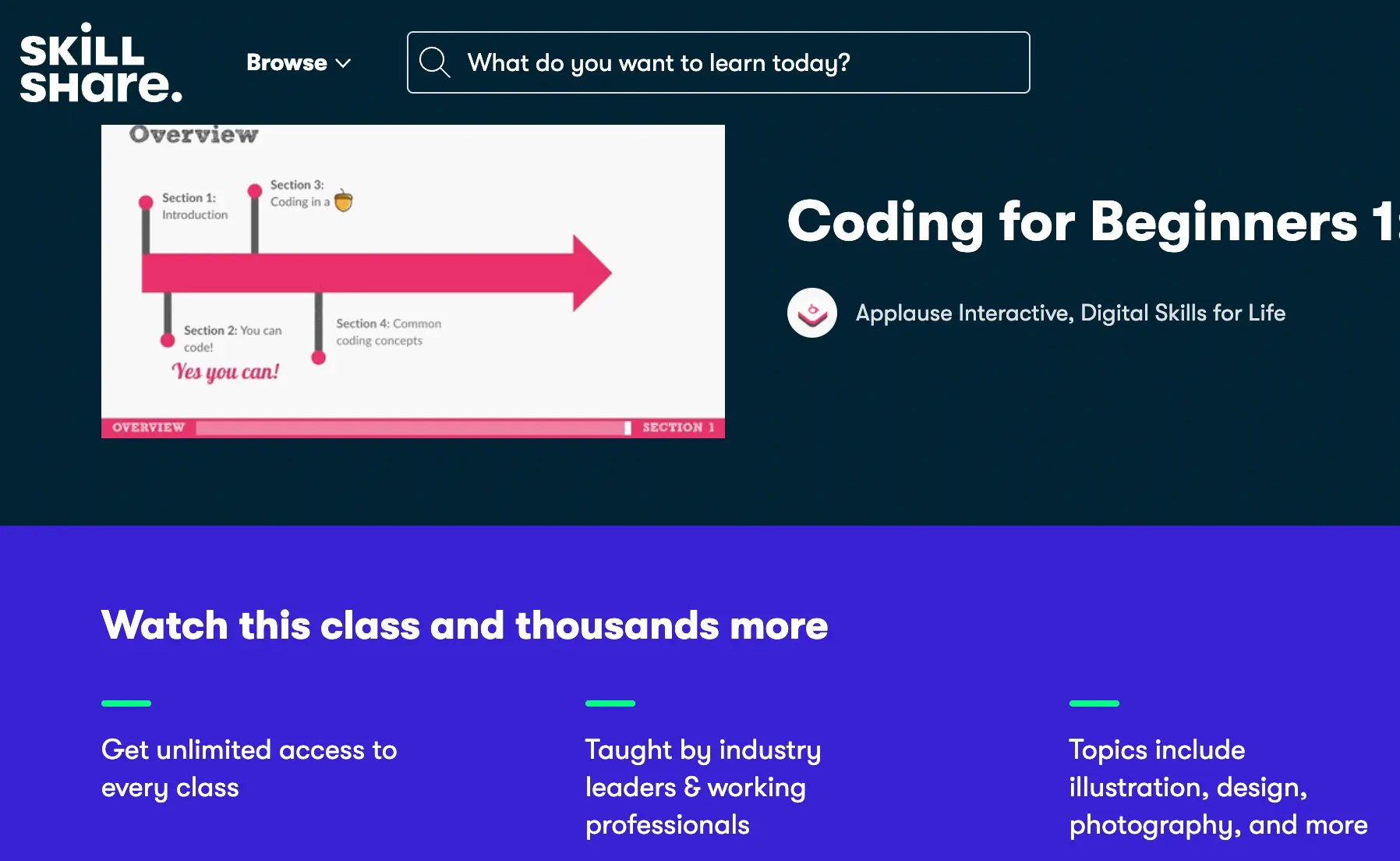 Screenshot of the Skillshare Coding for Beginners free coding classes.
