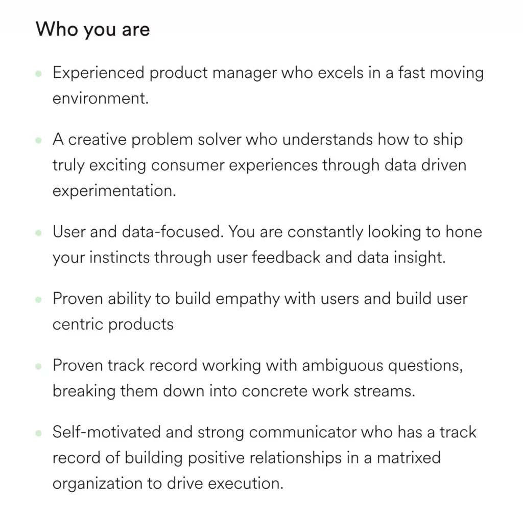 Screenshot of the candidate description from a Product Manager role at Spotify.