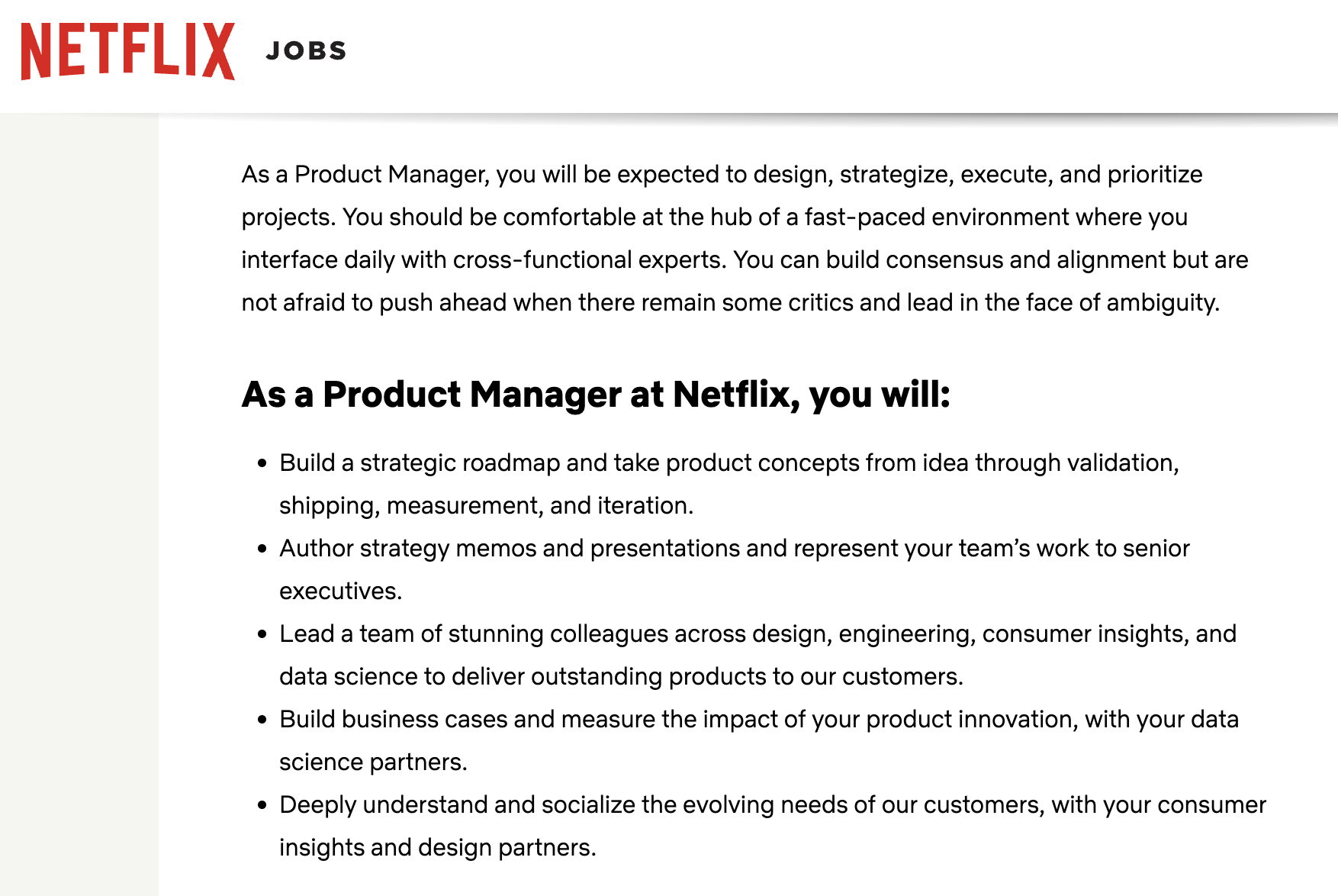 Screenshot of Product Manager job ad at Netflix.