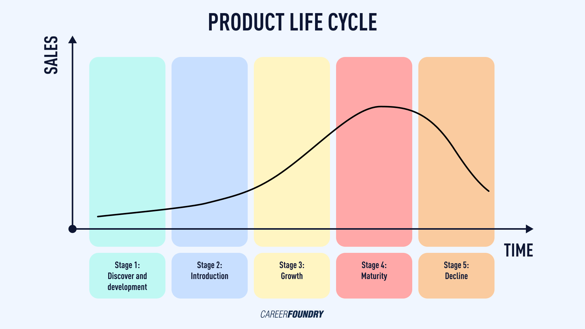Graphic showing the 5 stages of the product life cycle.