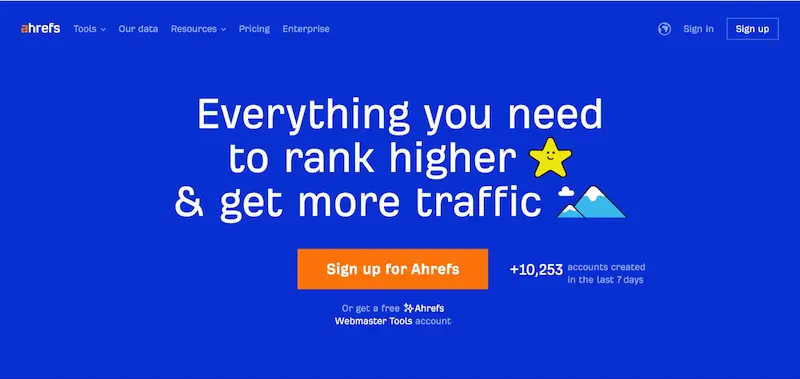 Homepage for Ahrefs, a popular on-page SEO tool