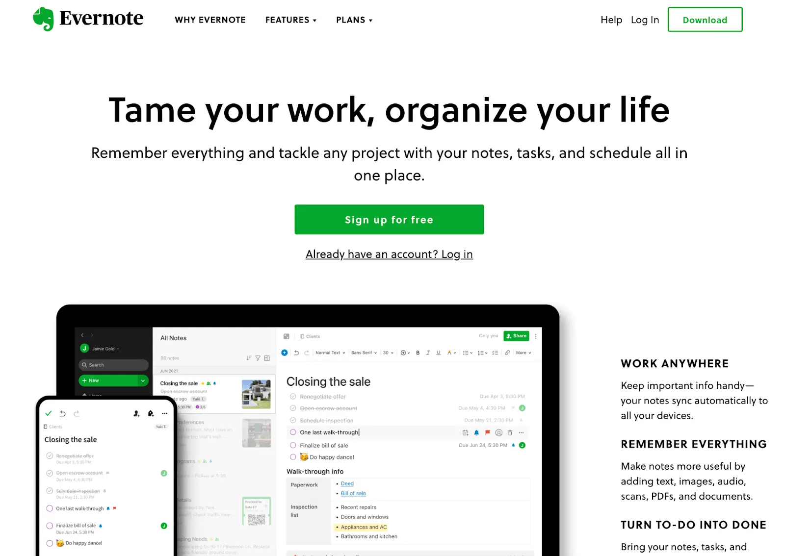 The Evernote homepage, an example of flat design at work.