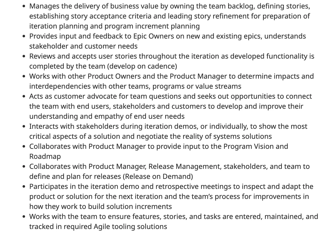 ScreA list of tasks and responsibilities for a product owner role at FedEx.