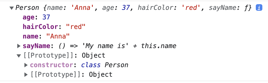 Shot of the code of the JavaScript classes "Person" with "anna" as the object.