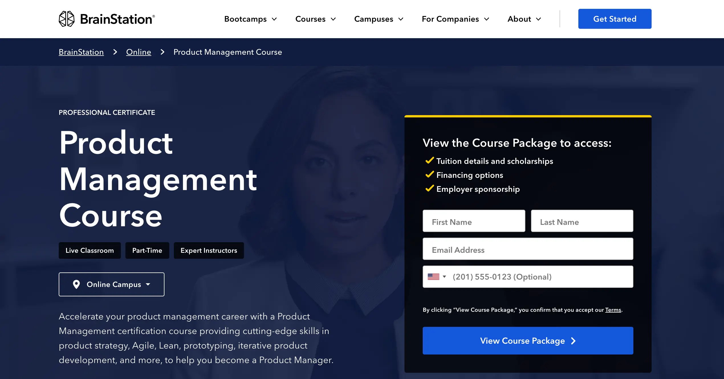 Screenshot of the BrainStation Product Management bootcamp homepage.