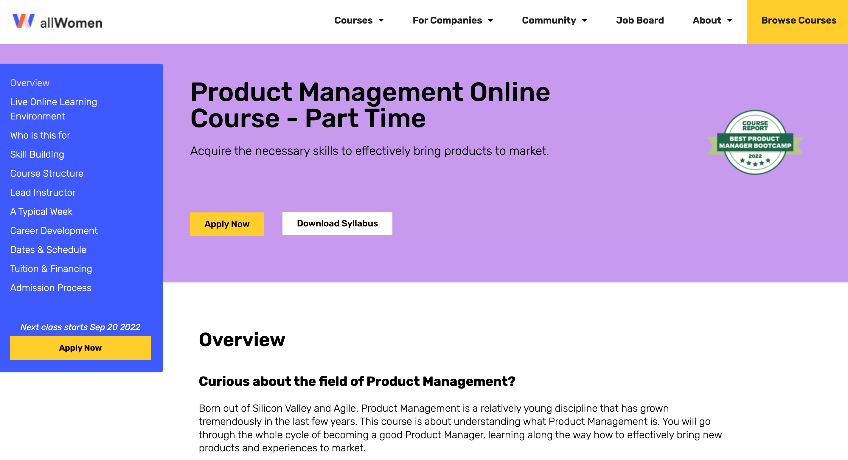 Screenshot of the allWomen product management bootcamp homepage.