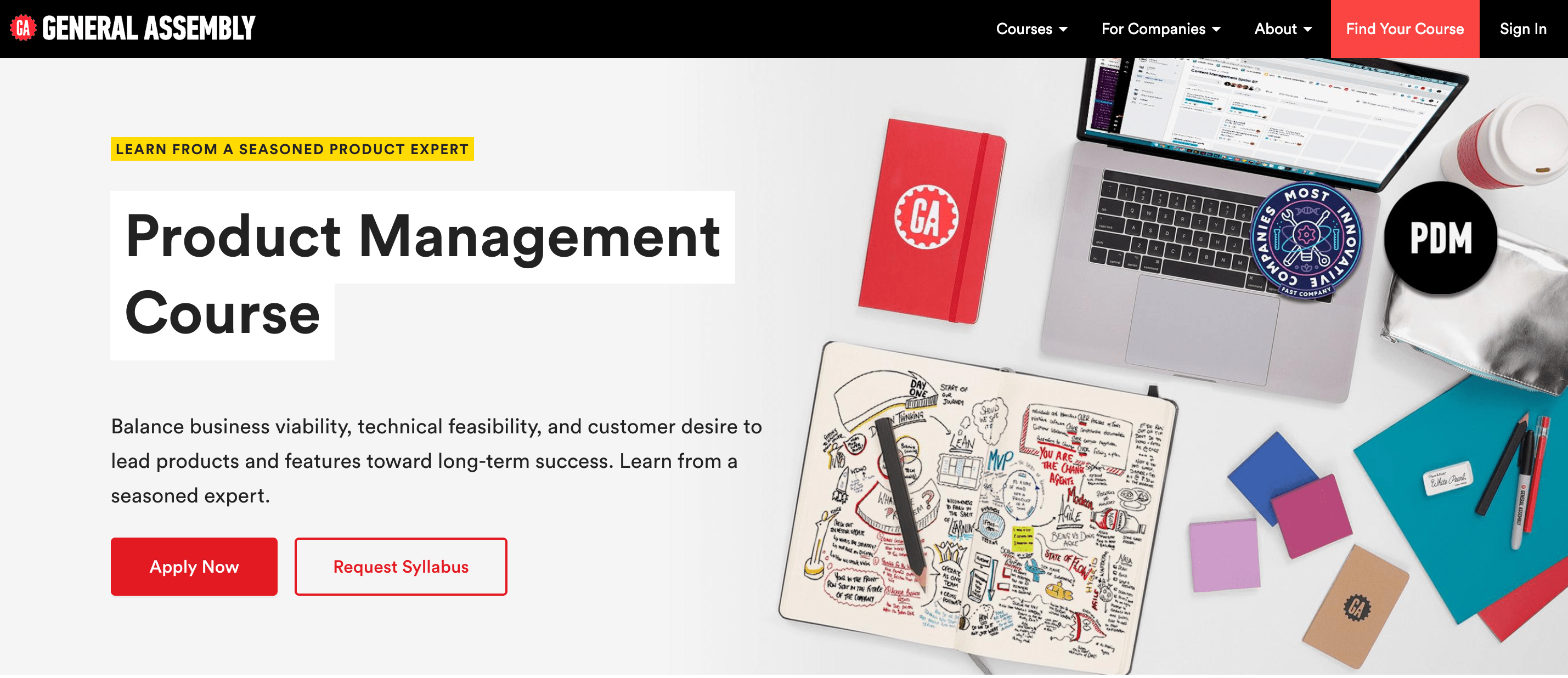 Screenshot of the General Assembly product management bootcamp homepage.