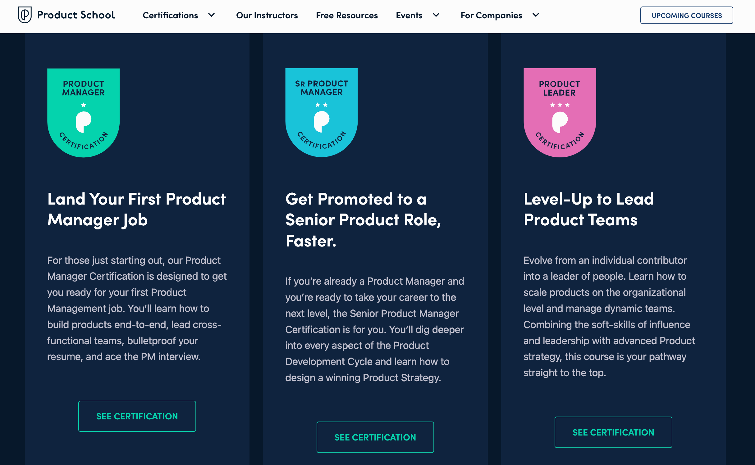 Screenshot of the Product School product management bootcamp homepage.