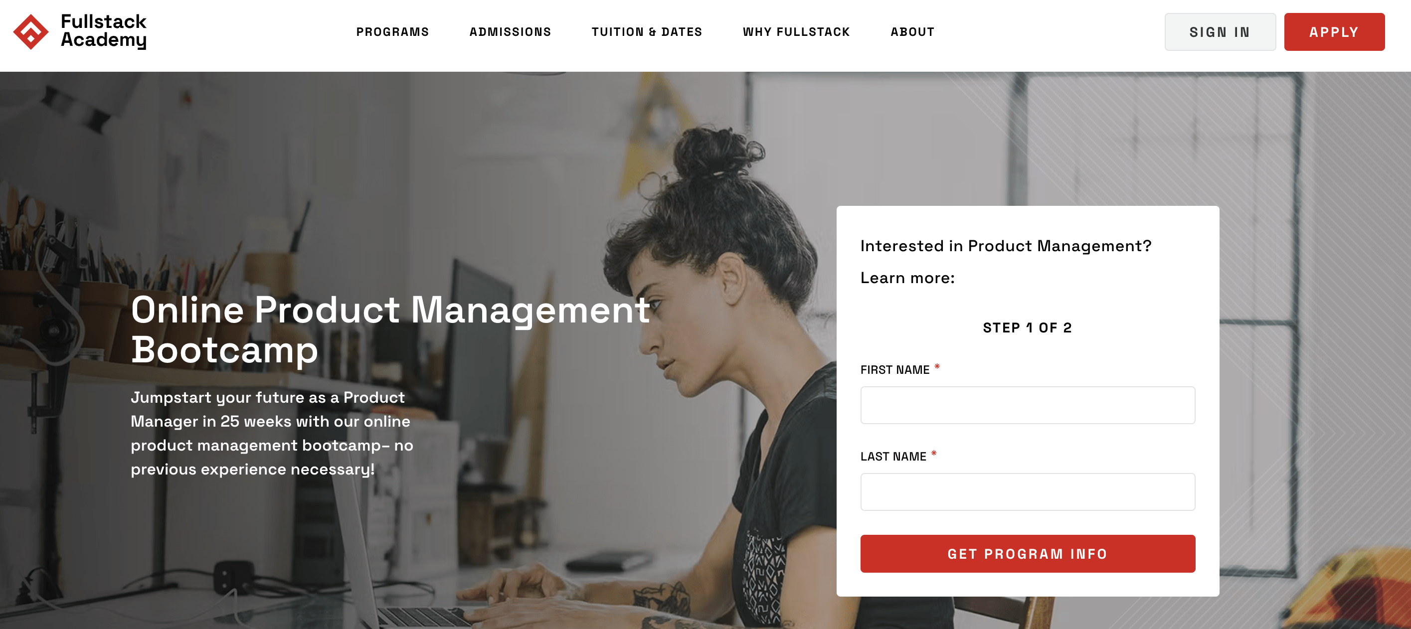 Screenshot of the Fullstack Academy product management bootcamp homepage.