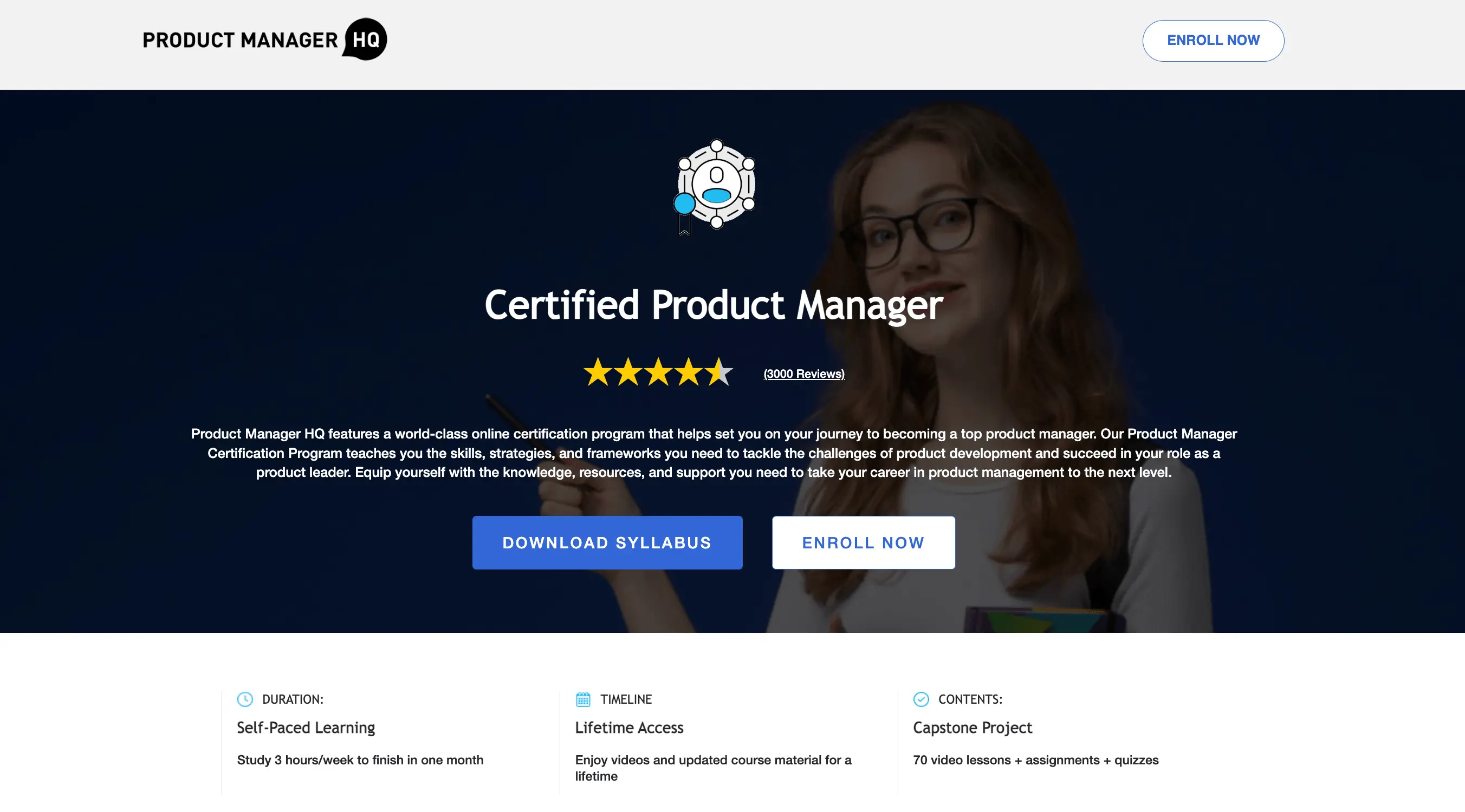 Screenshot of the PR HQ product management bootcamp homepage.