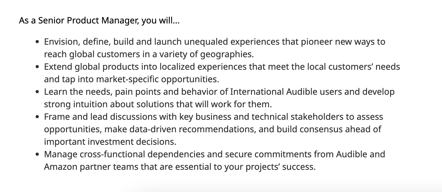 Excerpt from a Senior Product Manager job ad at Audible.