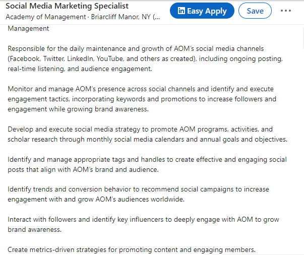 Example Screenshot of a social media marketer job description Example Screenshot of a social media marketer job description from LinkedIn