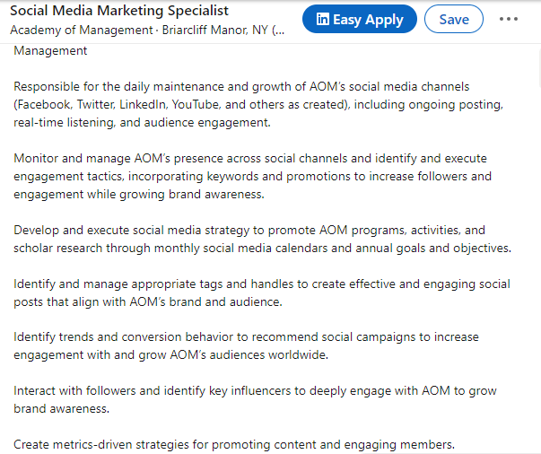 Example Screenshot of a social media marketer job description from LinkedIn