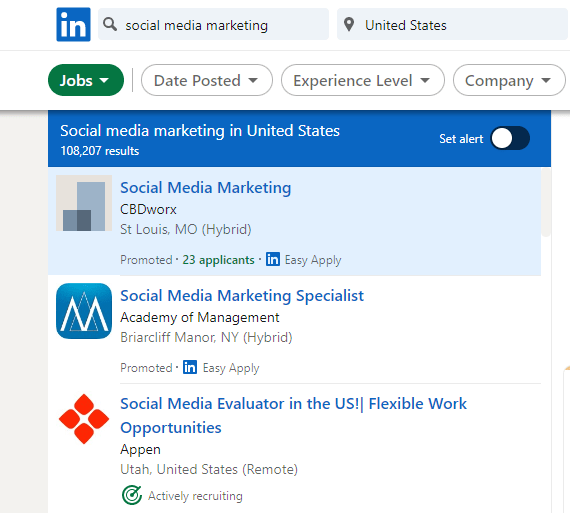 Screenshot of a list of social media jobs on Linkedin