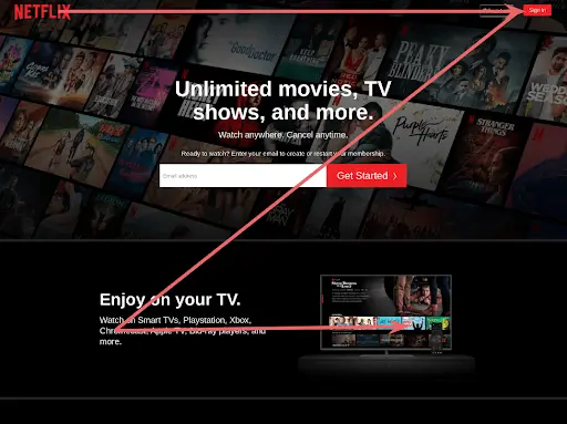 Screenshot of the Netflix homepage, with the Z-pattern indicated on it.