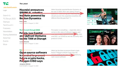 Screenshot of the TechCrunch newsfeed, showing the Z-pattern of visual hierarchy at work.