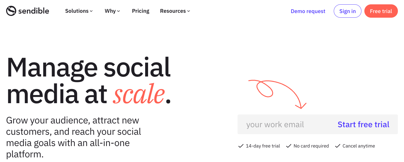 Screenshot of the Sendible social media tool website.