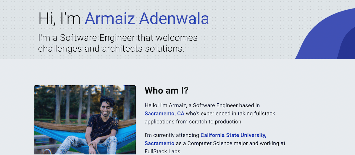 Screenshot of Armaiz Adenwala's software engineer portfolio site.