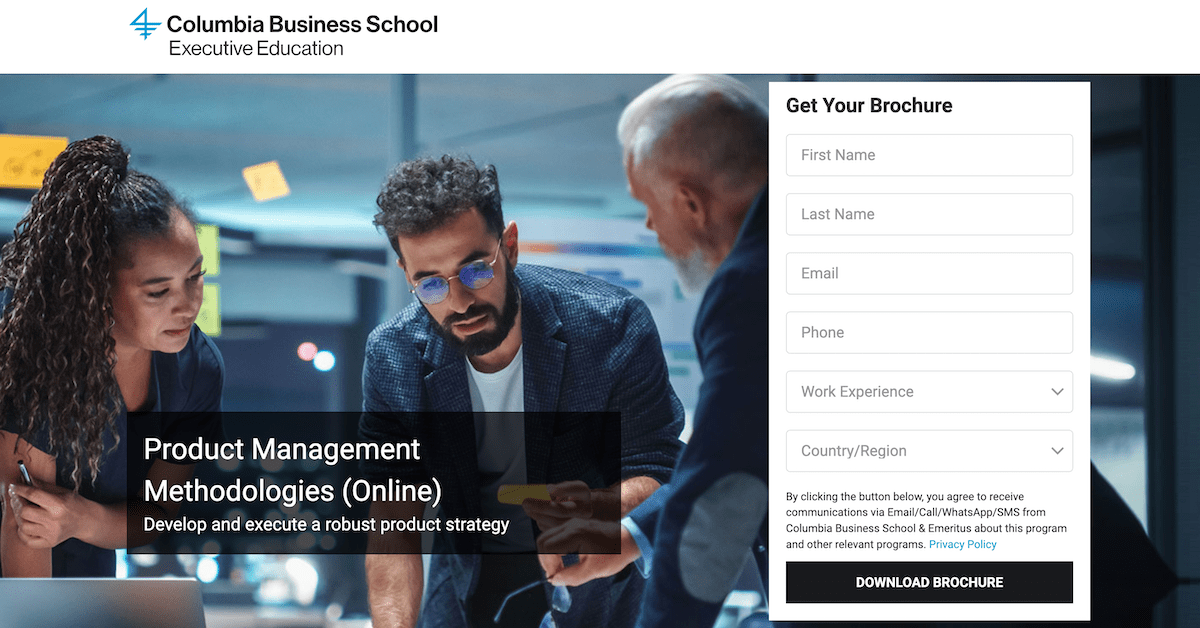 Homepage of the Columbia product management school.
