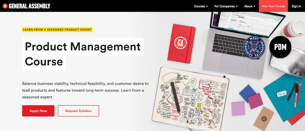 Screenshot of the General Assembly product management school homepage.