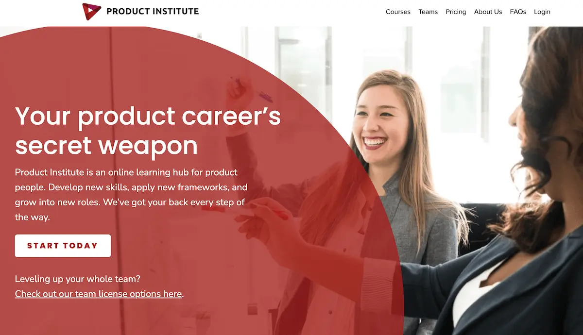 Screenshot of the Product Institute product management school homepage.