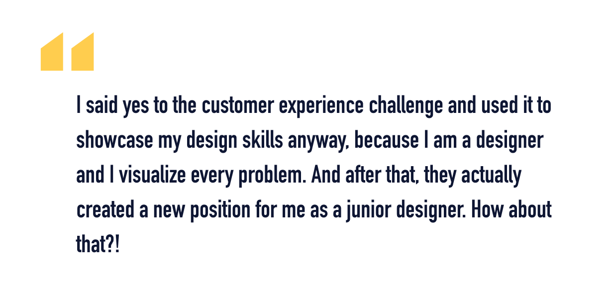 A quote from Sayma about her career change journey from architect to UX designer