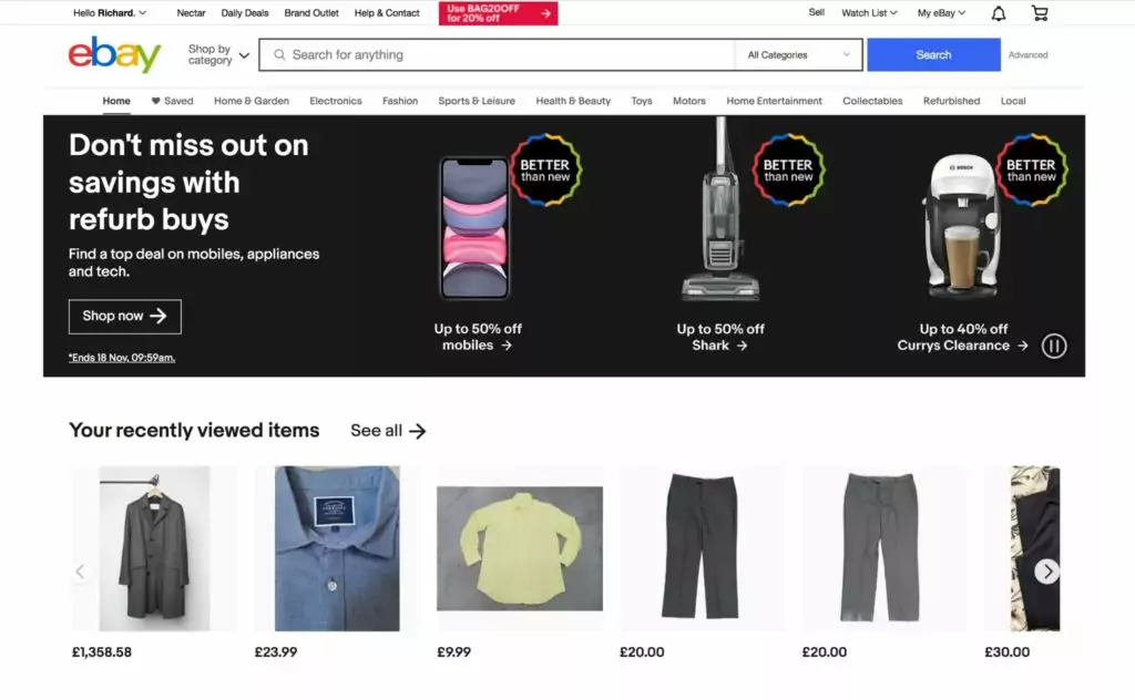screenshot of the ebay website which uses UI design principles