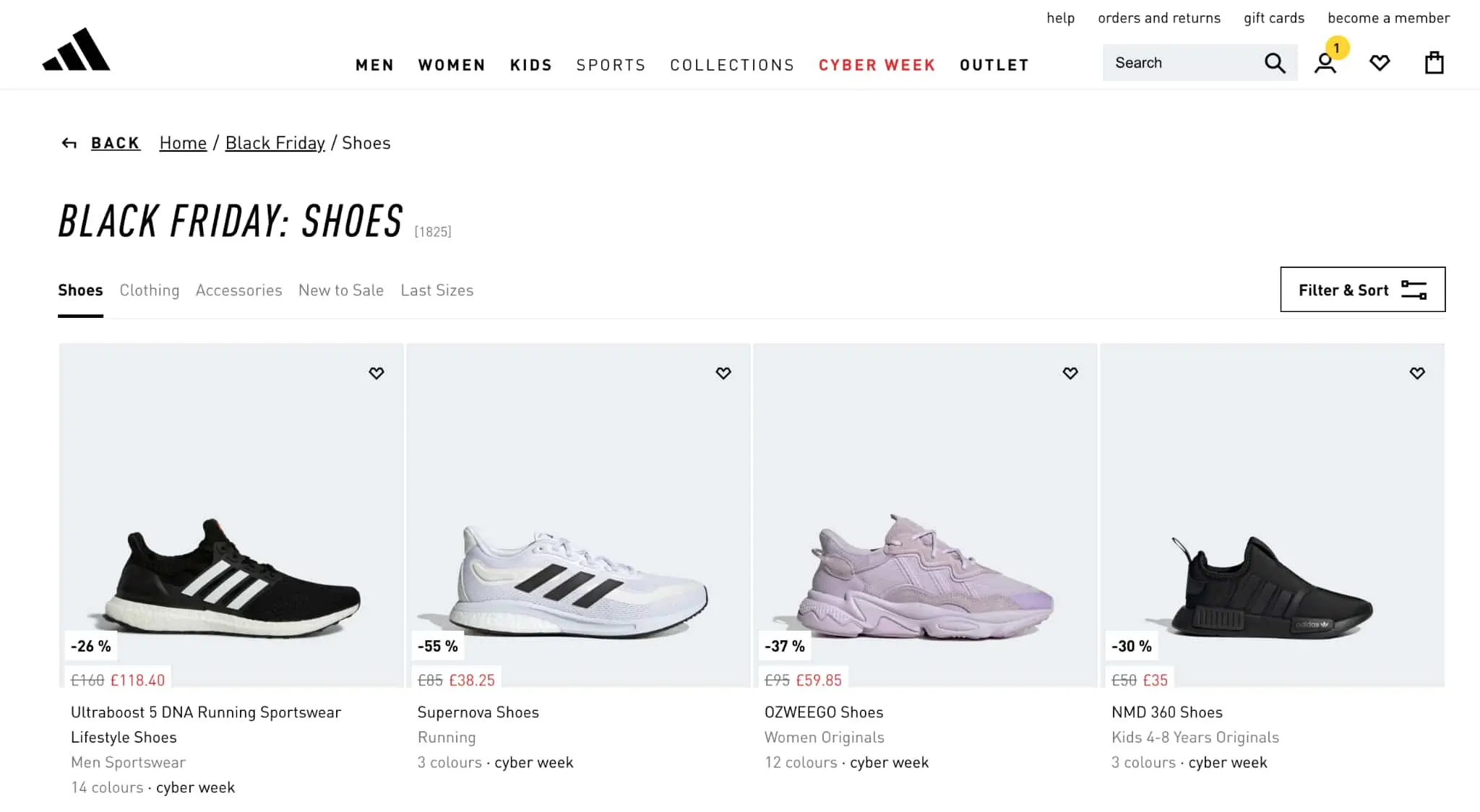 adidas website as an example of UI breadcrumbs