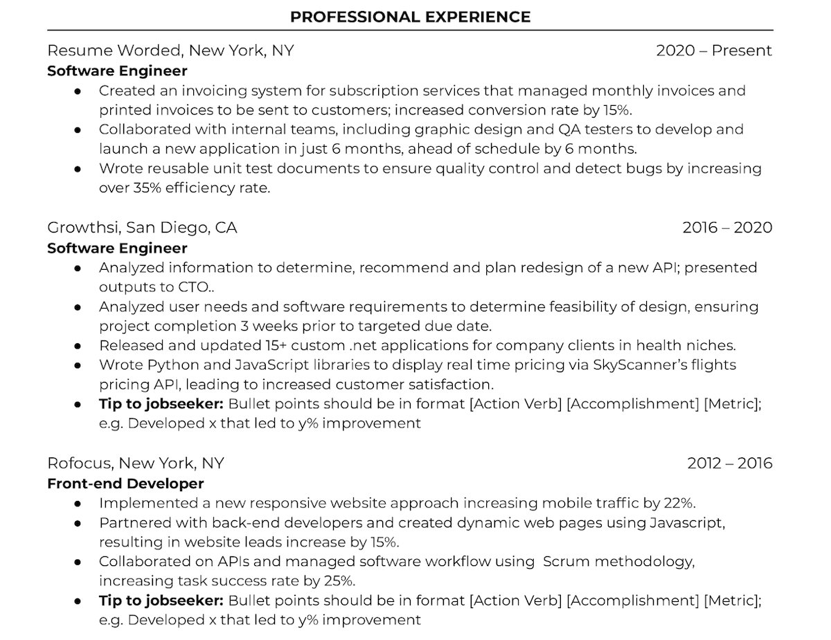 Professional experience section of a sample software engineer resume.