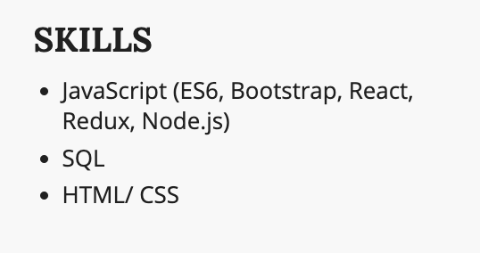 Sample skill section of a web developer resume.