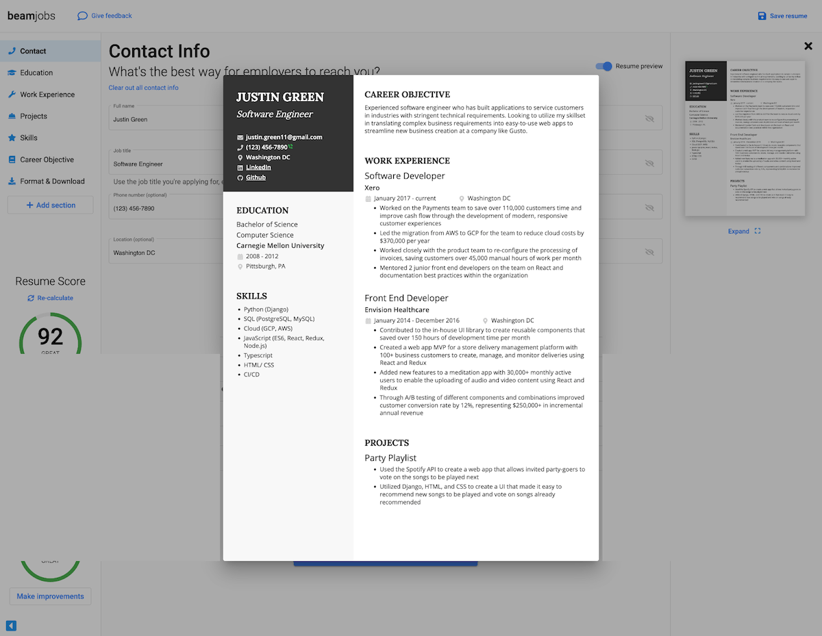 A software engineer resume example from BeamJobs.com.