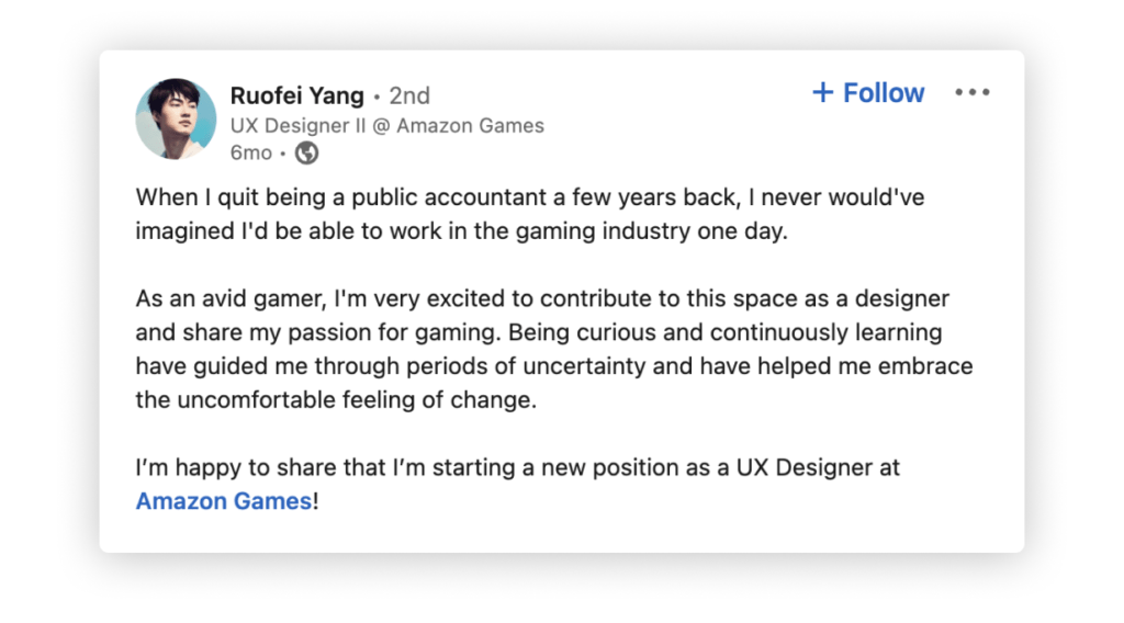 A LinkedIn post from Ryan about his new job as a UX designer at Amazon Games