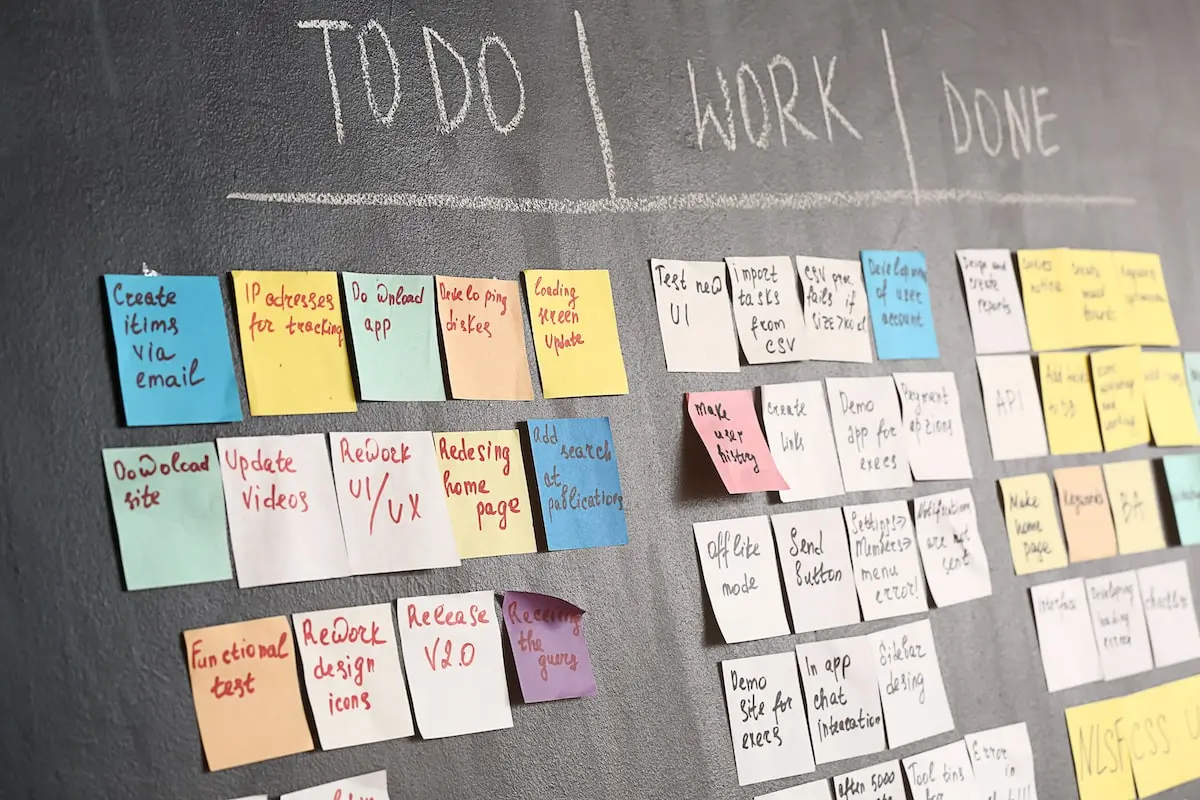 A Kanban board created with sticky notes on a blackboard.