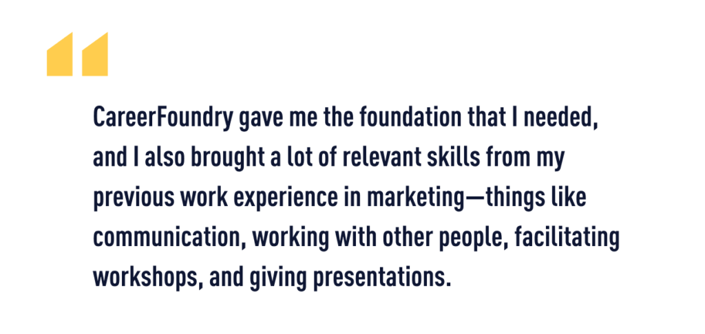 A quote from Ryan about his career change from marketing to UX consultant