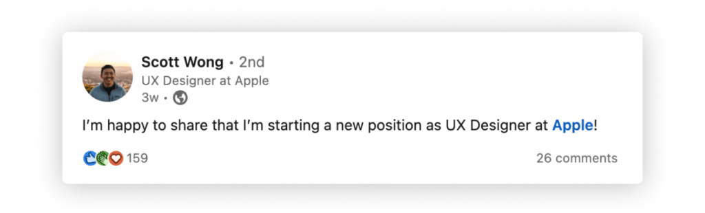 A LinkedIn post about Scott's industrial engineer career change journey. He's now working as a UX designer at Apple