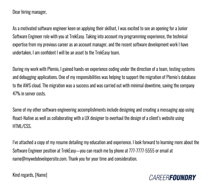 Software engineer store cover letter example