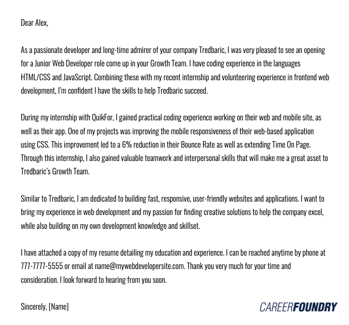 An example of a web developer cover letter.