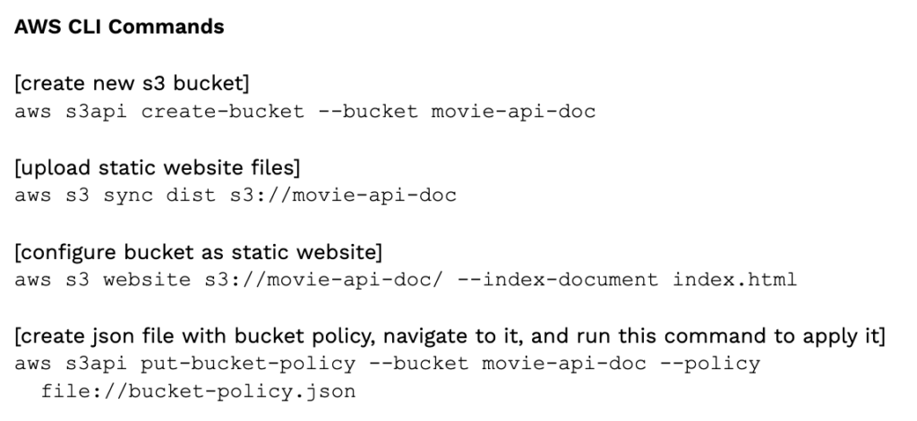 Sample of AWS CLI calls made to create and populate static site bucket