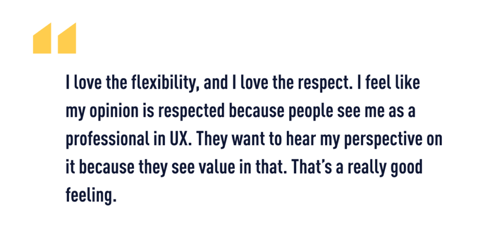 A quote from Rachel Abrams about her career change from admin to UX 