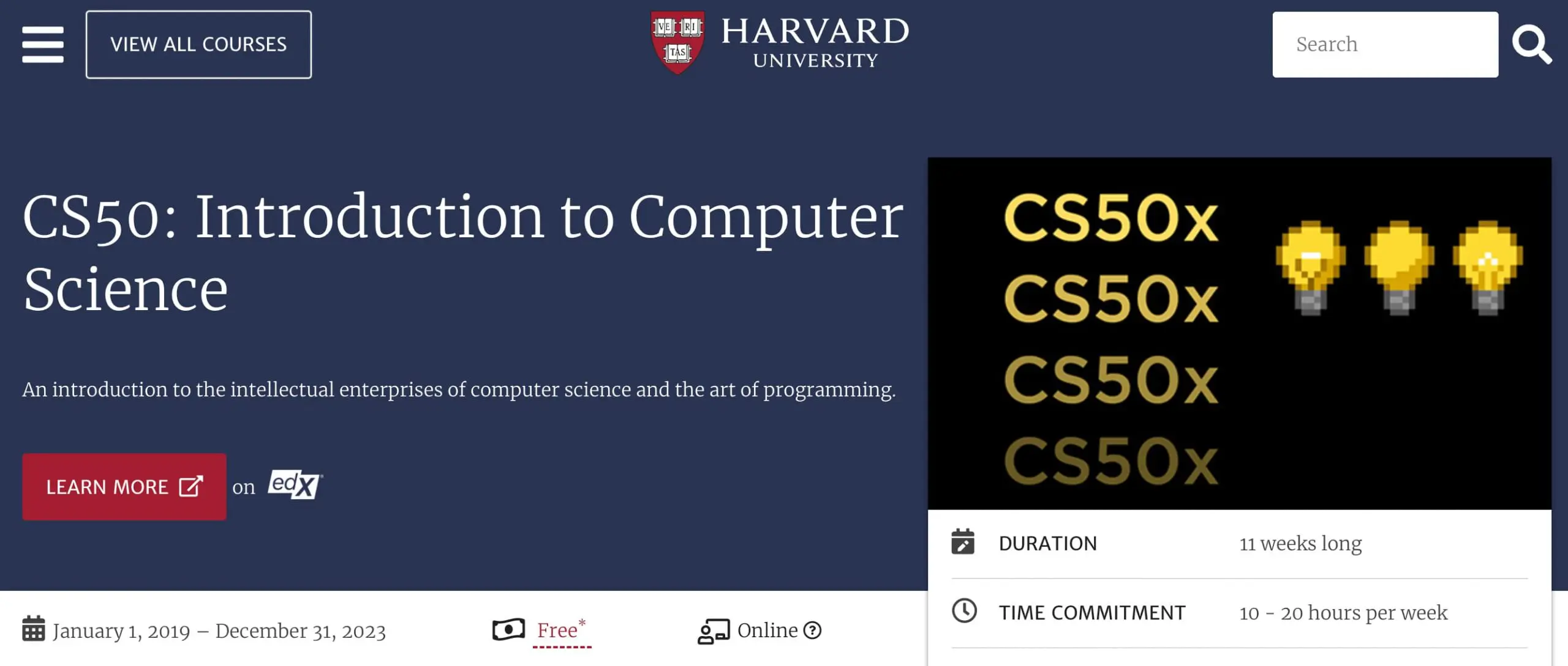 a screenshot from Harvard's website of the free online course, introduction to computer science