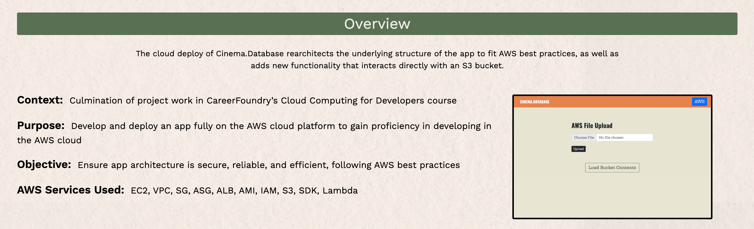An AWS refactoring project from the Cloud Computing for Web Developers specialization course at CareerFoundry, by Liz Stone