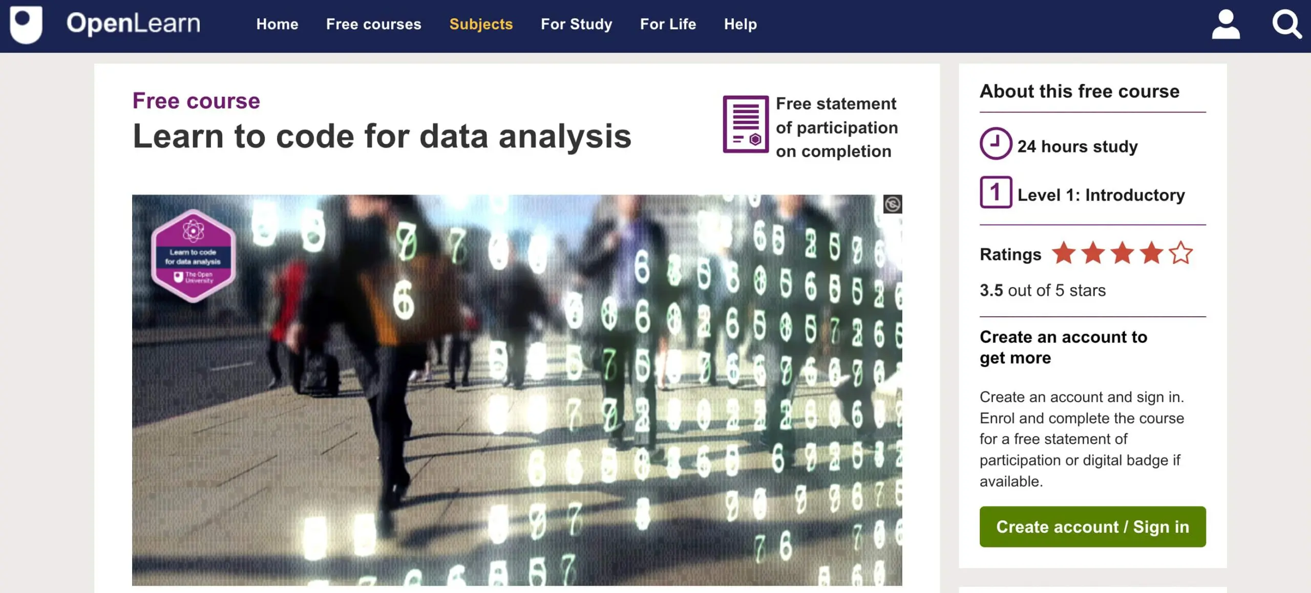 a screenshot from Open Learn's website of the free online course, learn to code for data analysis