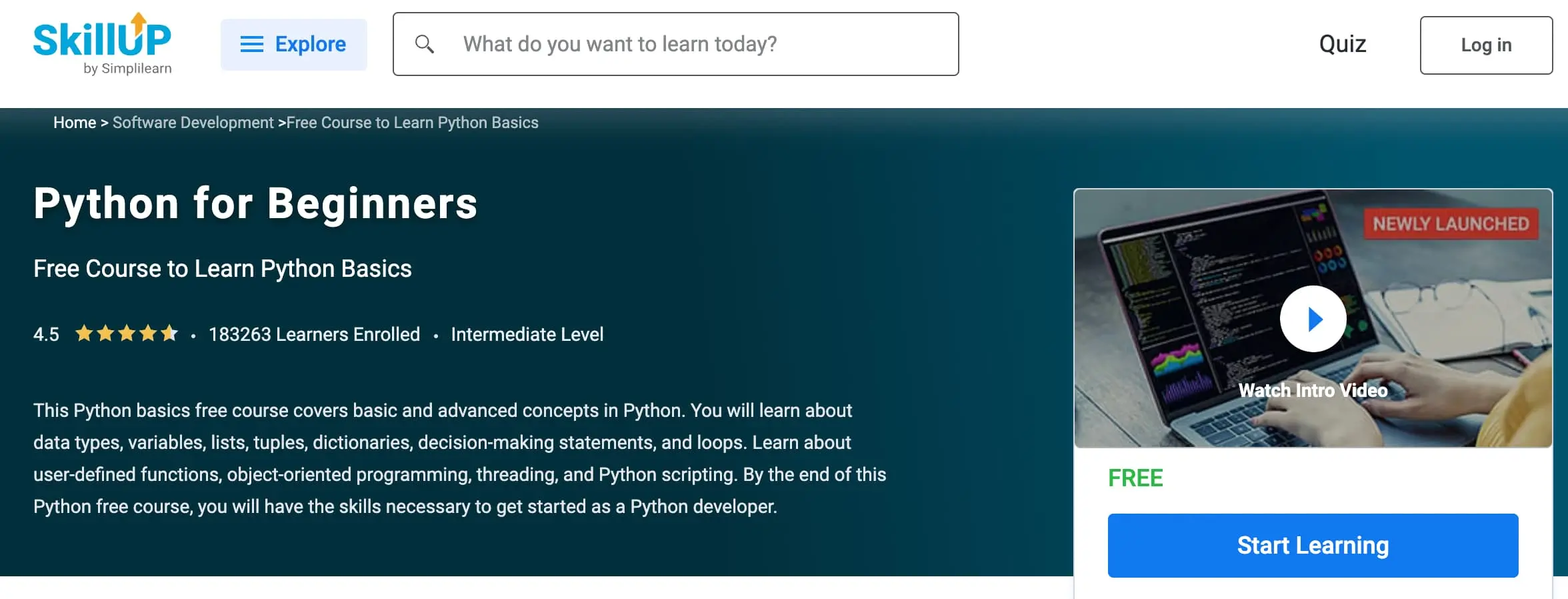 a screenshot from simply learn's website of the free online course, intro to python
