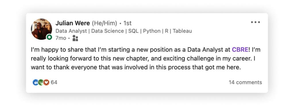 A LinkedIn post from Julian about his new job as a data analyst 