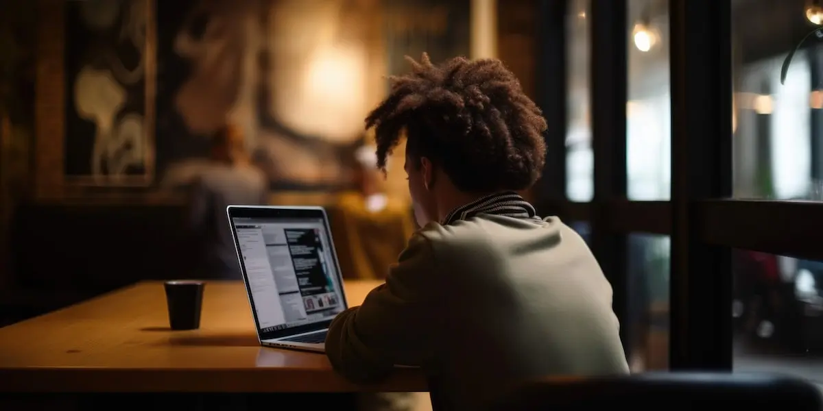 A coder with an afro sits at her laptop learning about AI and web development.