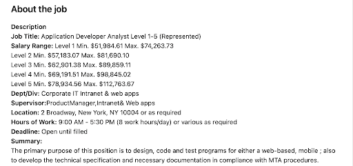 Screenshot of a job post for a software engineer job in New York for the MTA.