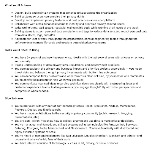 Screenshot of a job post for a software engineer job in New York.