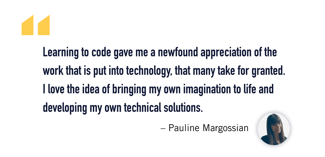A quote from Pauline about her career change journey to web development