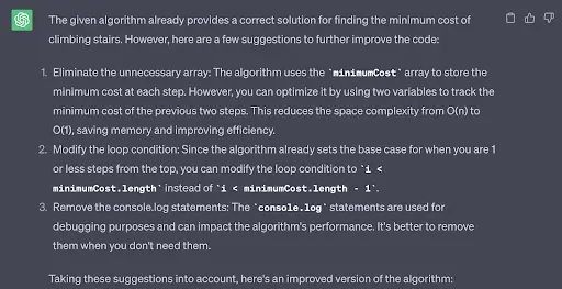 Screenshot from a ChatGPT coding prompt about a leetcode algorithm problem.